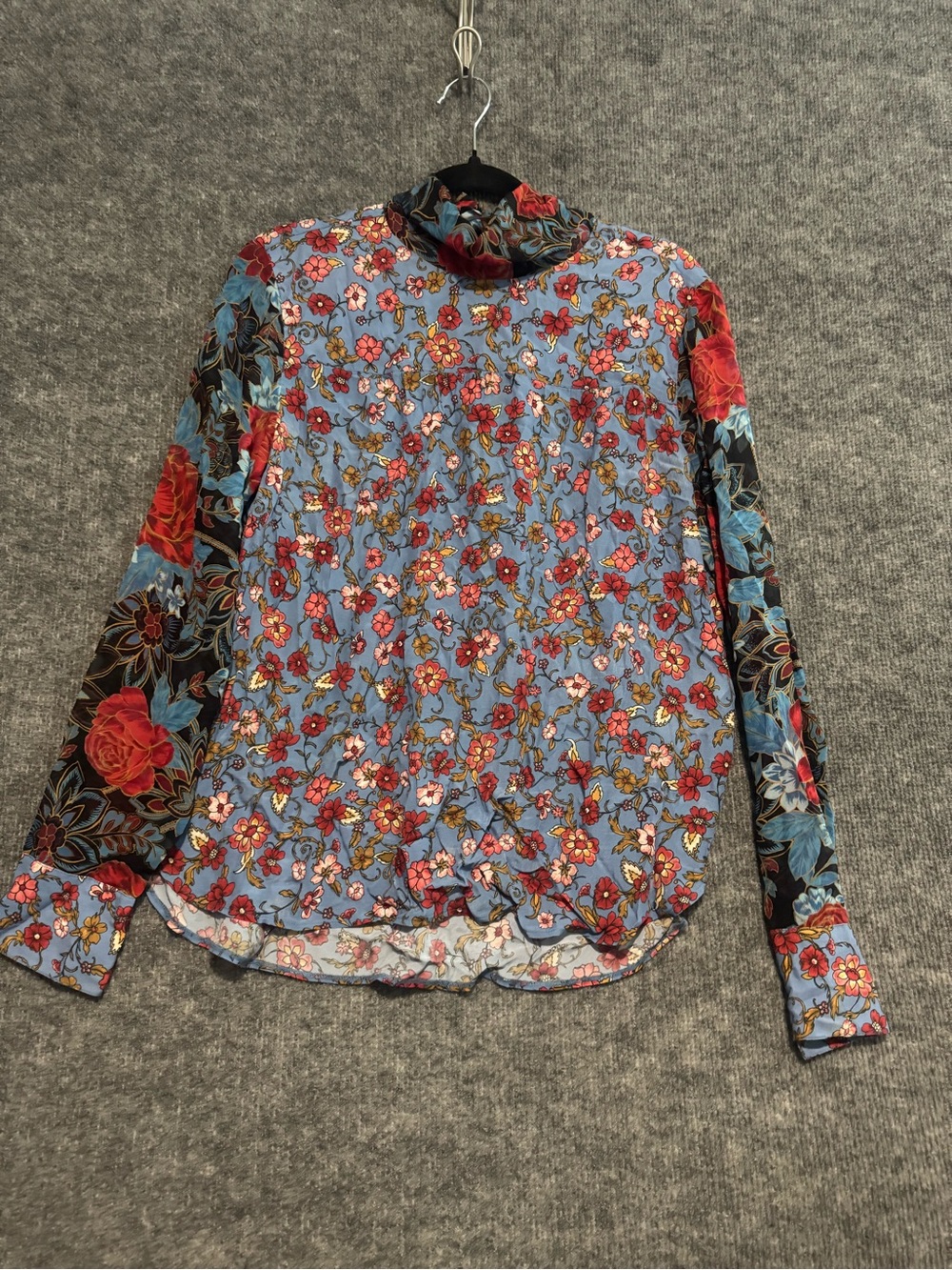 See By Chloรฉ Blue and Red Floral Mock-neck Long Sleeve Top Size 42 EU